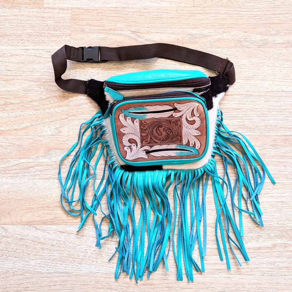 Genuine Leather and Cow Hide Blue Fringe Fanny Pack
